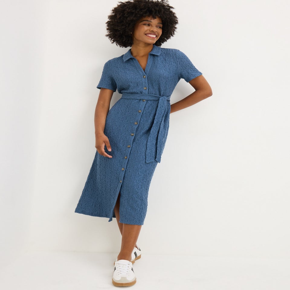 Blue Textured Midi Shirt Dress