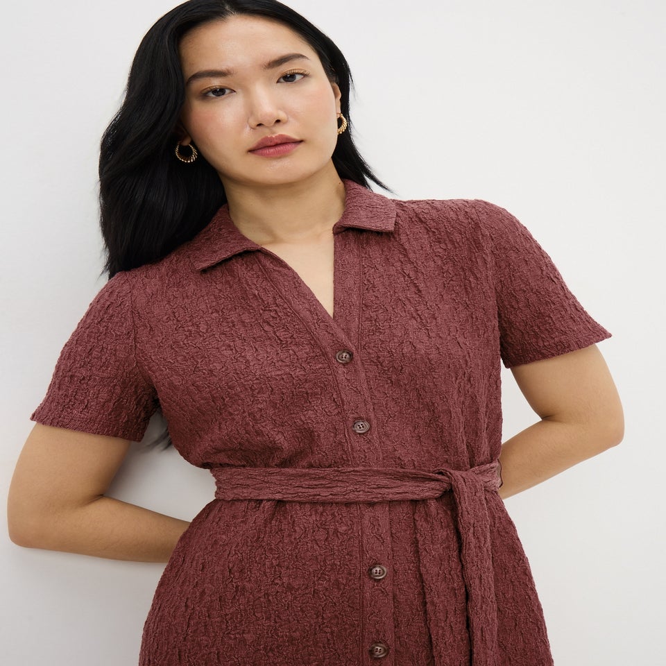 Dark Pink Textured Shirt Midi Dress