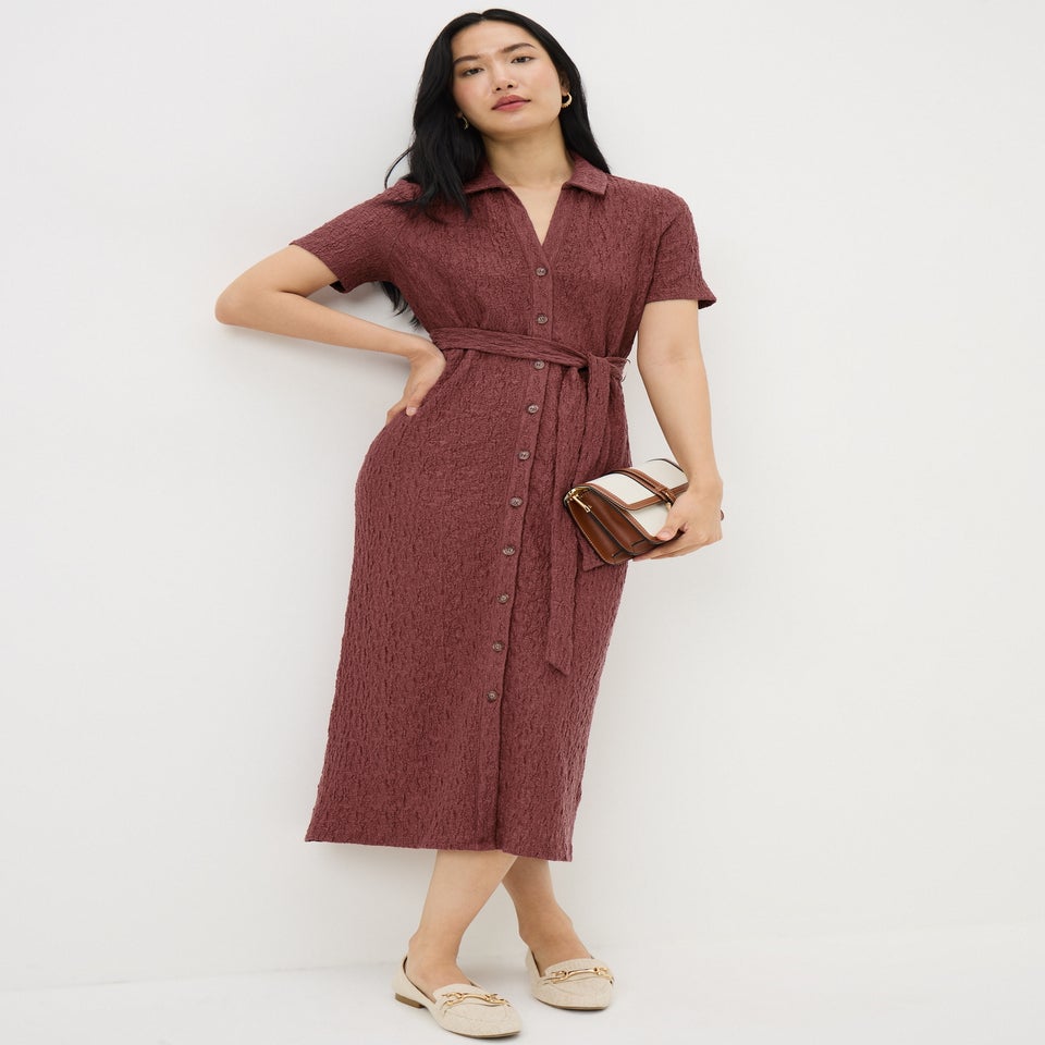 Dark Pink Textured Shirt Midi Dress