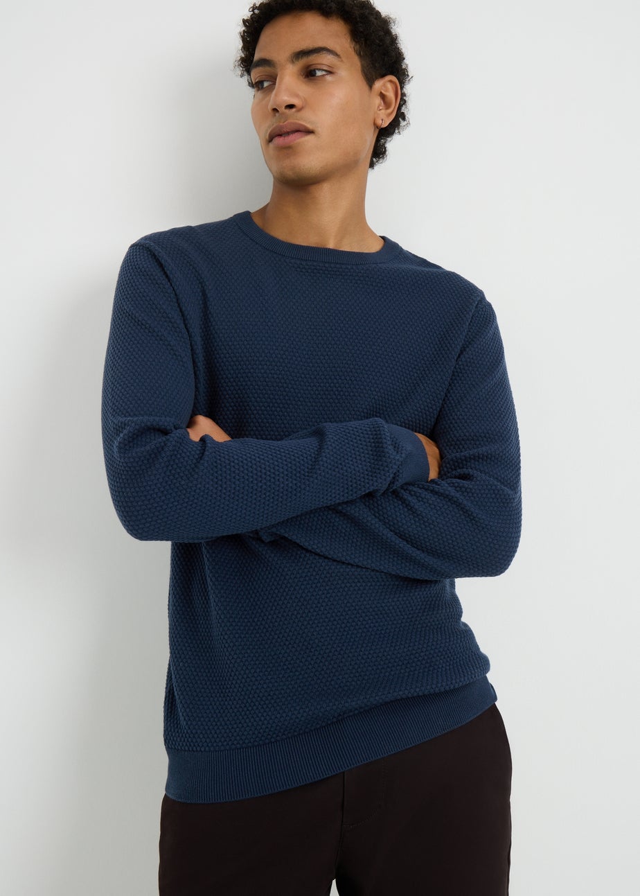 Navy Textured Crew Neck Jumper