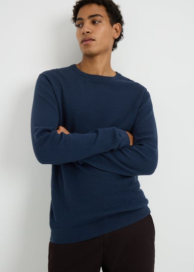 Navy Textured Crew Neck Jumper