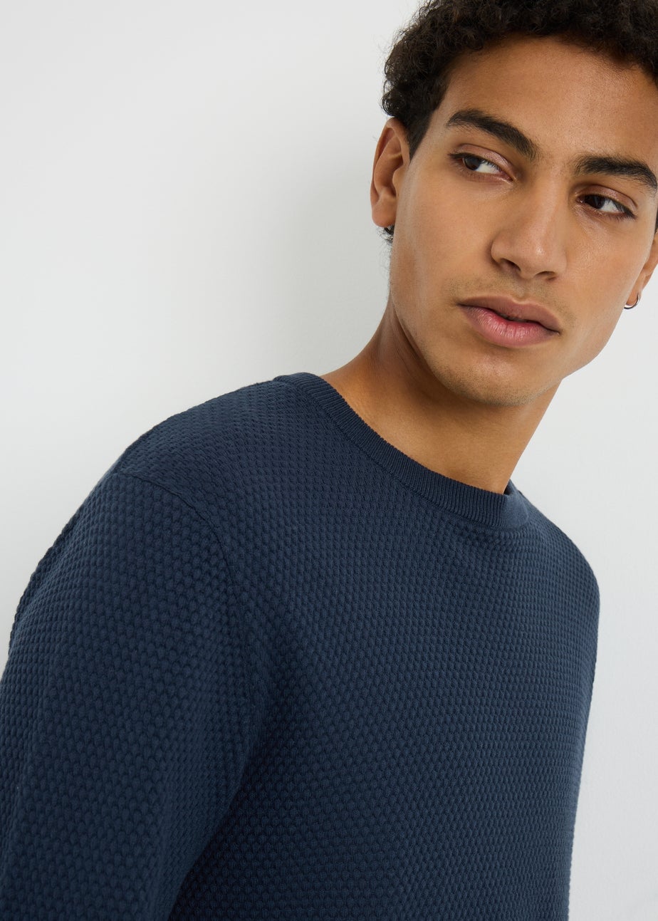 Navy Textured Crew Neck Jumper