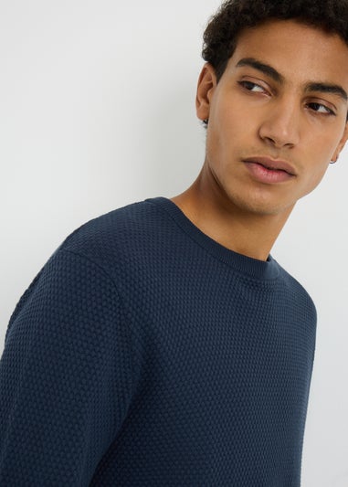 Navy Textured Crew Neck Jumper