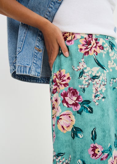 Green Floral Flared Midi Skirt