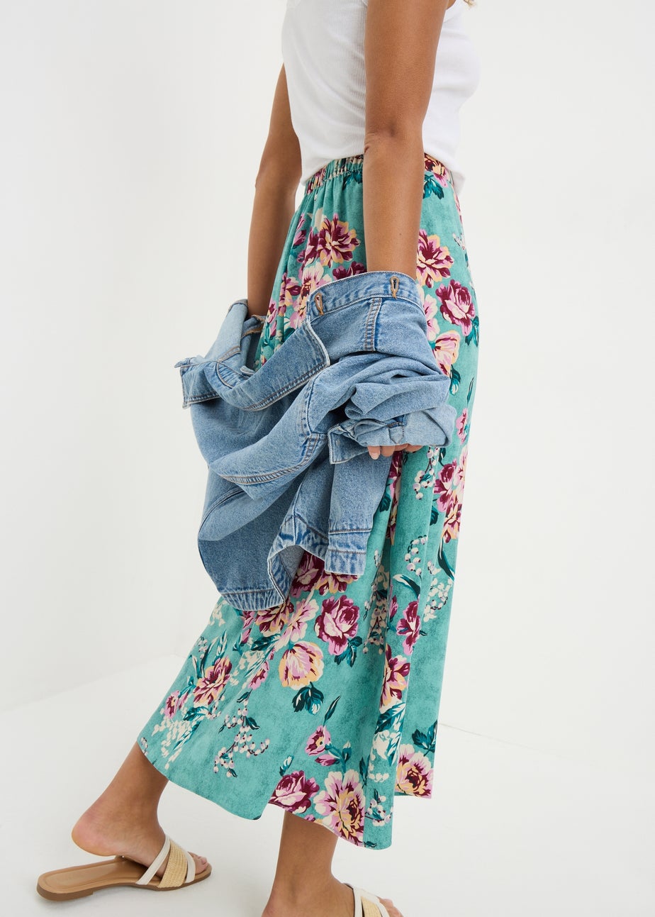 Green Floral Flared Midi Skirt