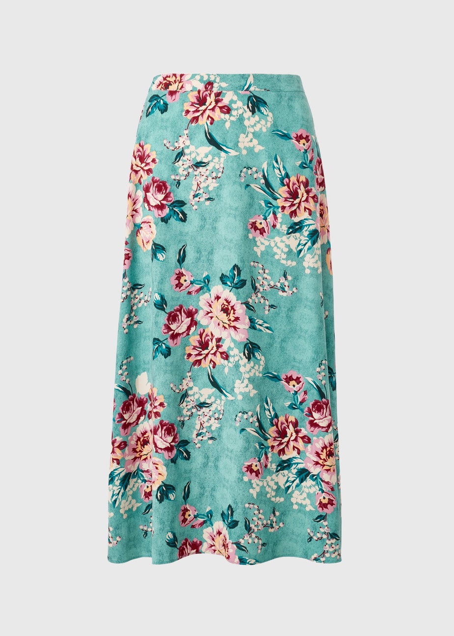 Green Floral Flared Midi Skirt