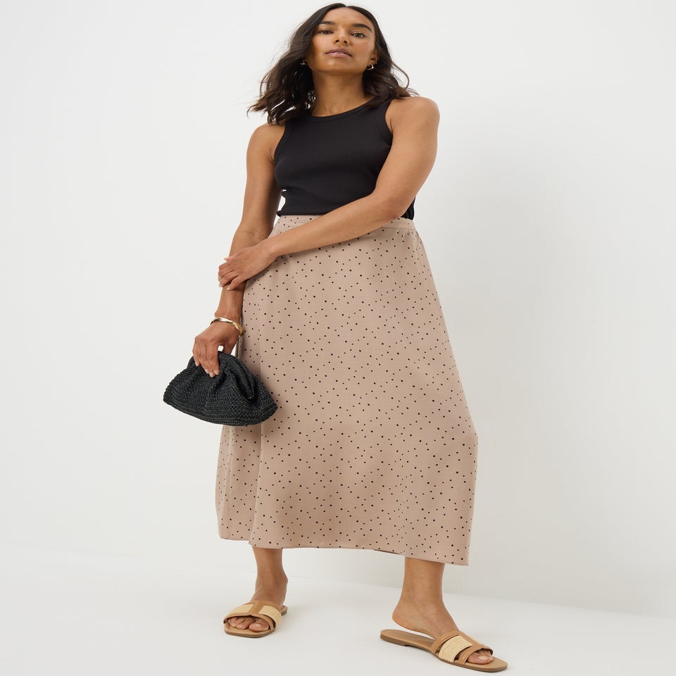 Taupe Spot Print Flared Midi Skirt