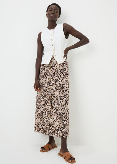 Brown Printed Button Midaxi Skirt