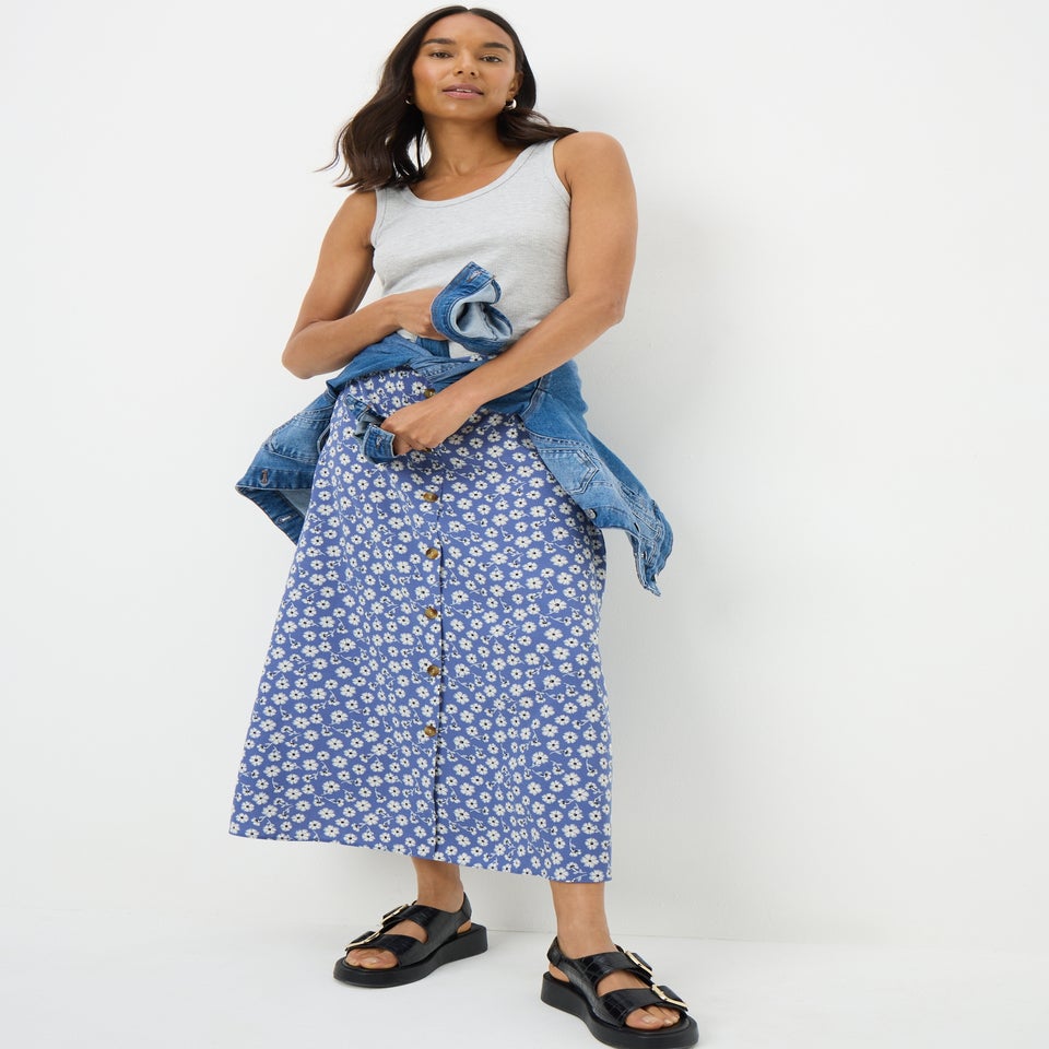 Blue Daisy Button Midaxi Skirt