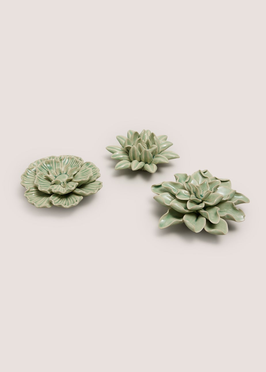 3 Piece Green Ceramic Flower Ornaments