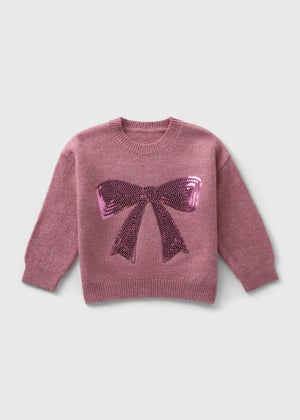 Girls Pink Sparkle Bow Jumper (1-7yrs)