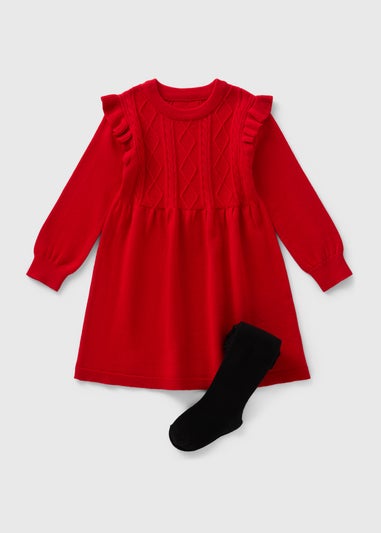 Girls Red Knitted Dress & Tights (1-7yrs)