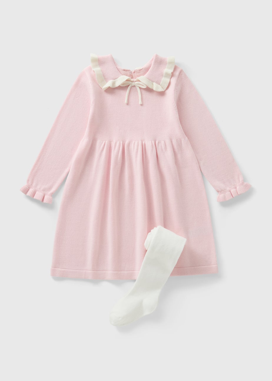 Girls Pink Knitted Frill Collar Dress & Tights (1-7yrs)