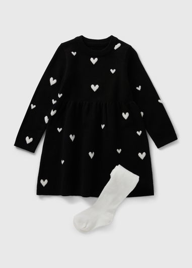 Girls Black Heart Knitted Dress & Tights (1-7yrs)