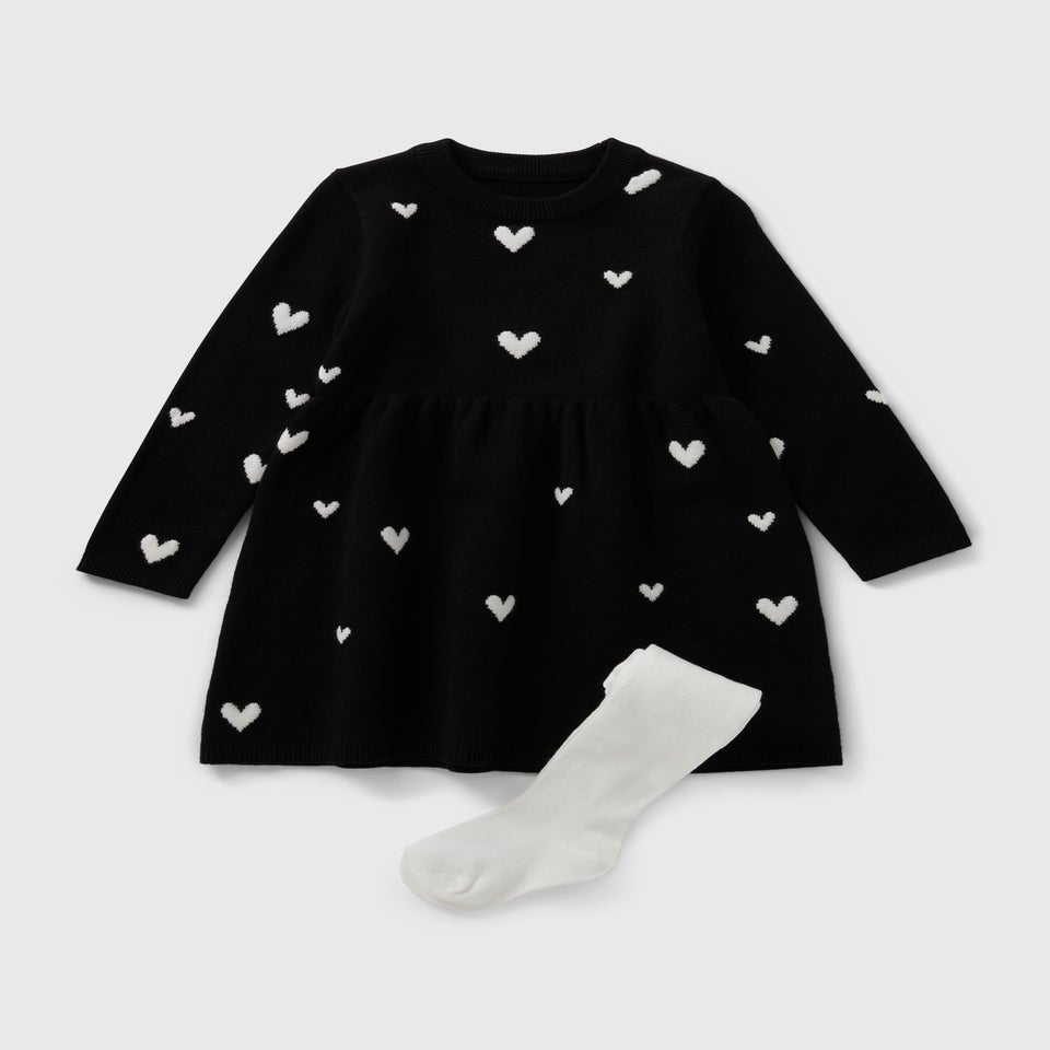 Girls Black Heart Knitted Dress & Tights (1-7yrs)