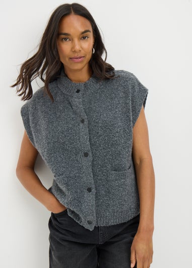 Grey Boucle Sleeveless Cardigan
