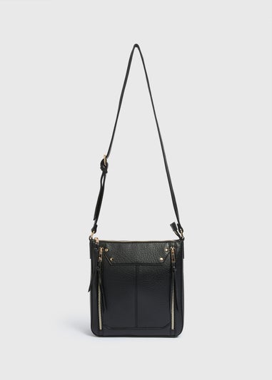 Black Faux Leather Messenger Crossbody Bag