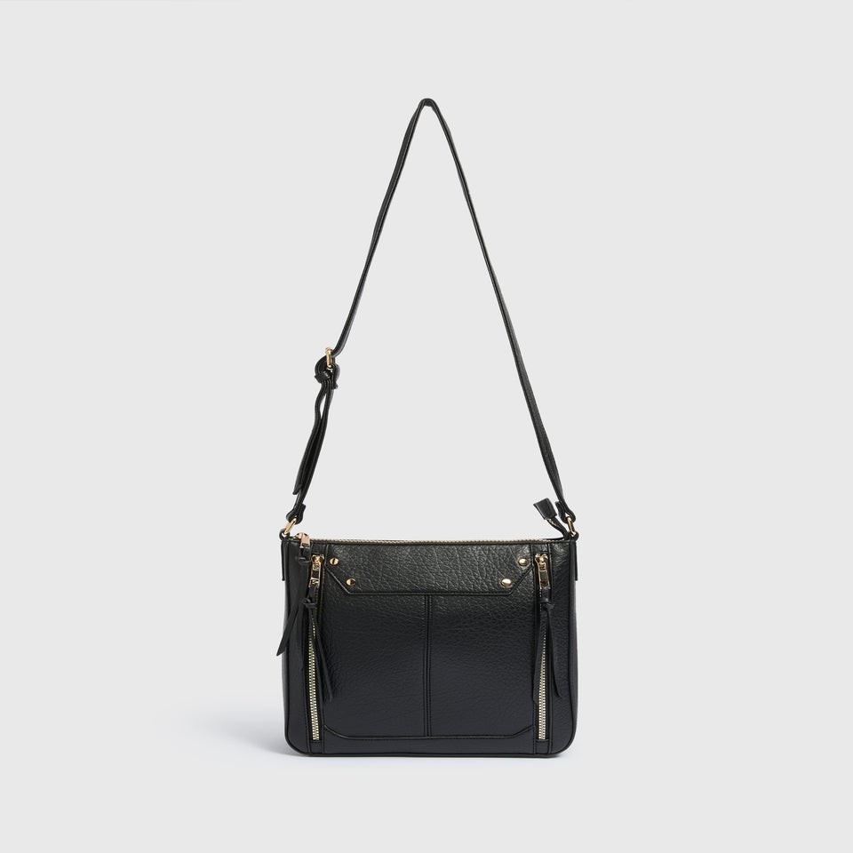 Black Faux Leather Messenger Crossbody Bag
