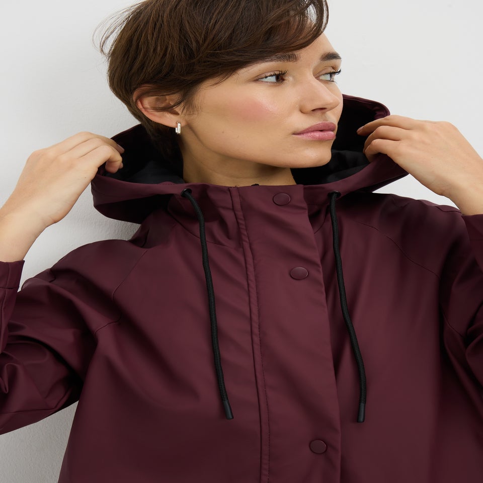 Burgundy Rubberised Showerproof Long Parka Coat