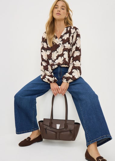 Brown Faux Leather Bowler Bag