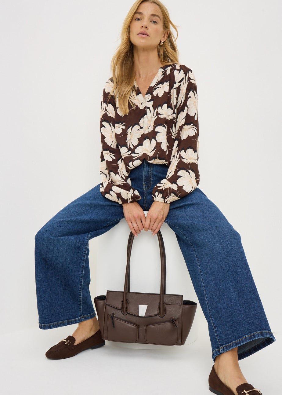 Brown Faux Leather Bowler Bag