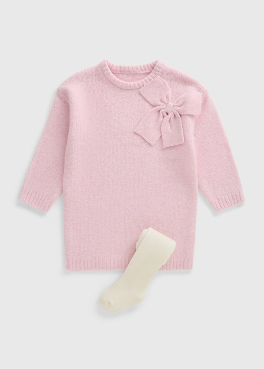 Girls Pink Bow Knitted Dress & Tight Set (1-7yrs)