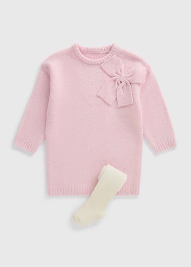 Girls Pink Bow Knitted Dress & Tight Set (1-7yrs)