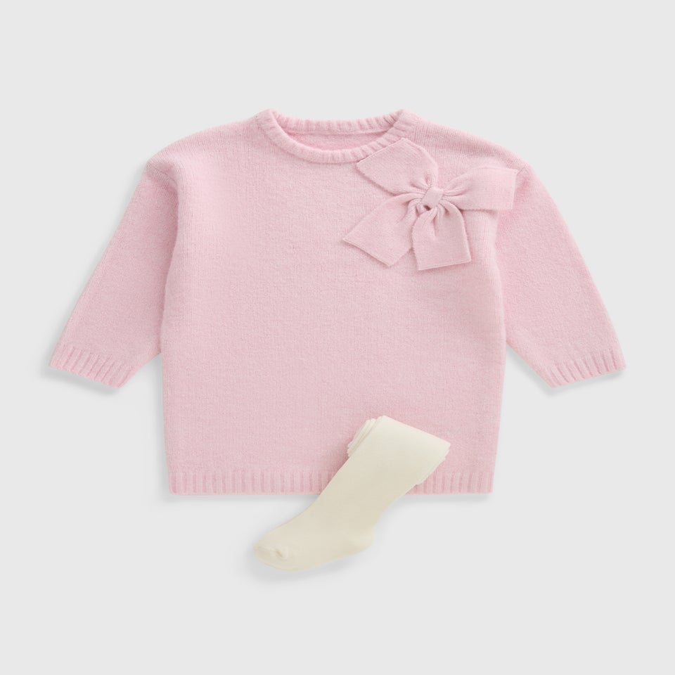 Girls Pink Bow Knitted Dress & Tight Set (1-7yrs)