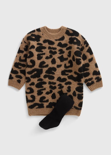 Girls Brown Leopard Knitted Dress & Tight Set (1-7yrs)