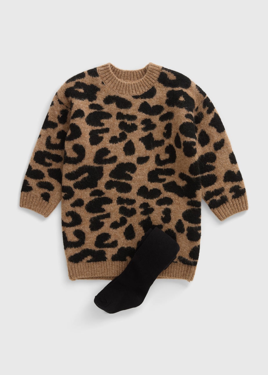 Girls Brown Leopard Knitted Dress & Tight Set (1-7yrs)
