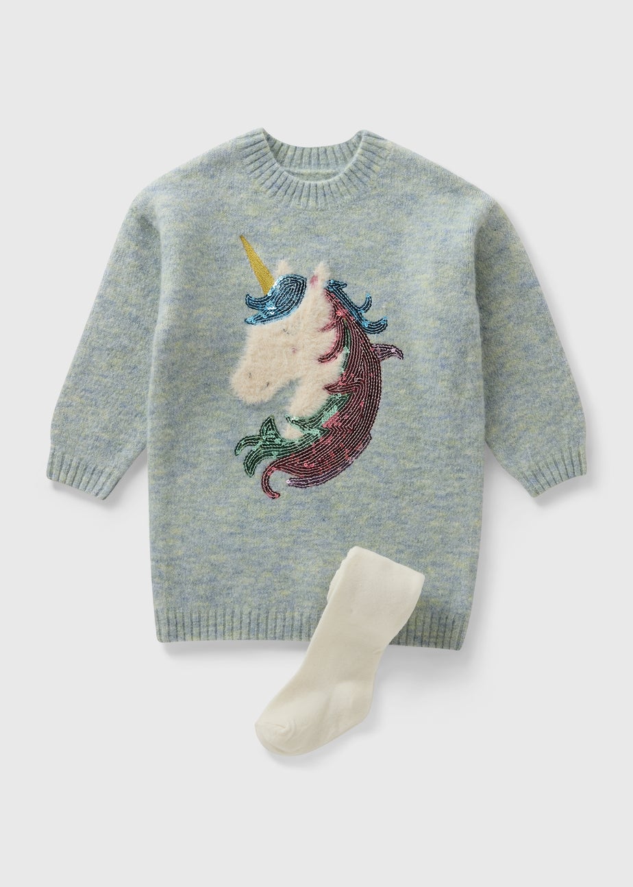 Girls Blue Unicorn Knitted Dress & Tights (1-7yrs)