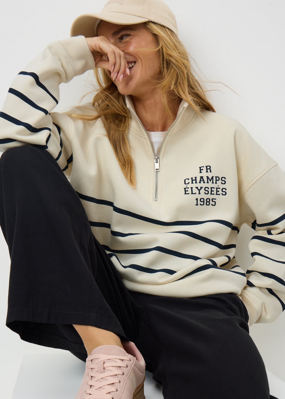 Cream Stripe Half Zip Sweatshirt