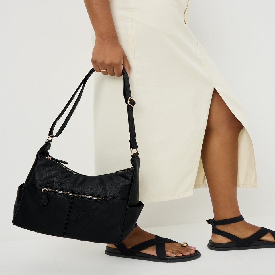 Black Washed Faux Leather Slouch Bag