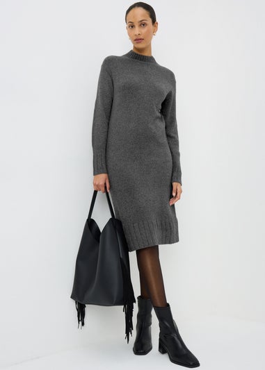 Grey Knitted High Neck Dress
