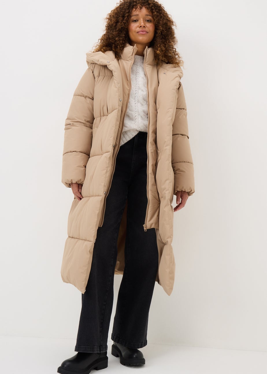 Beige Padded Long Showerproof Wrap Coat