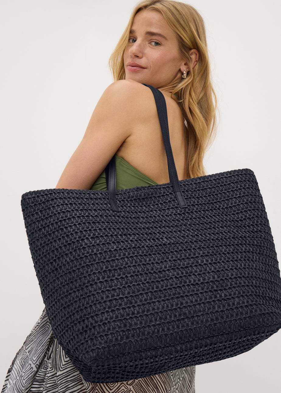 Black Straw Beach Bag Matalan