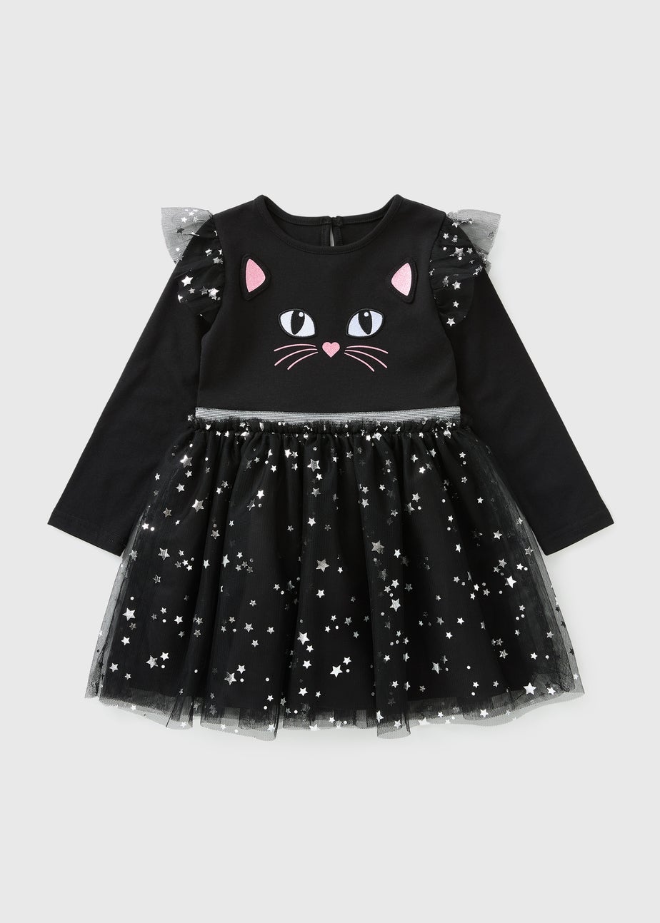 Girls Black Mesh Cat Dress (1-7 Years)