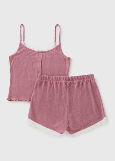 Pink Lace Trim Pointelle Cami Short Pyjama Set