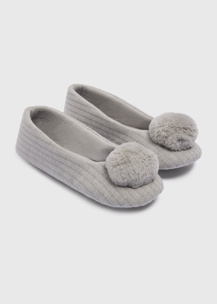 Grey Pom Knit Ballet Slippers