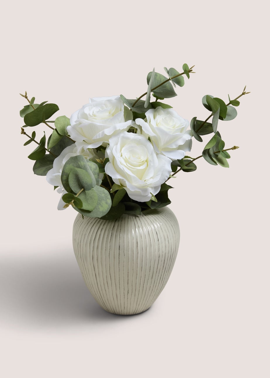 White Roses In Ribbed Gloss Pot