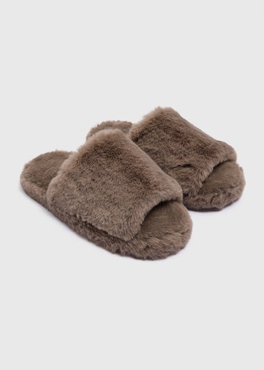 Grey Platform Faux Fur Slides