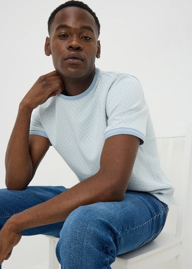 Blue Textured Jacquard Geometric T-Shirt