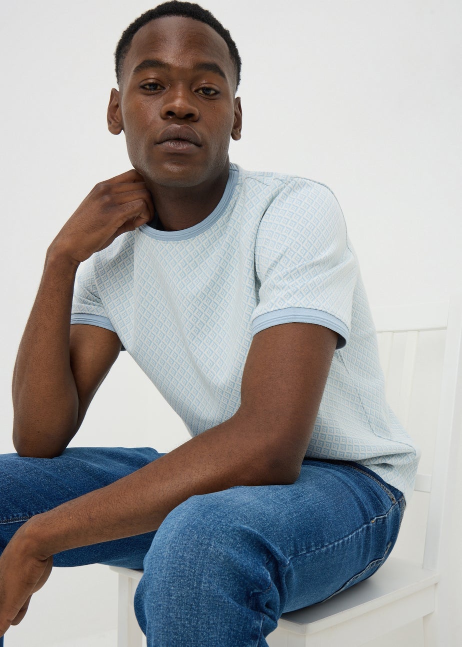 Blue Textured Jacquard Geometric T-Shirt