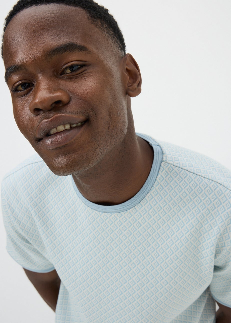 Blue Textured Jacquard Geometric T-Shirt