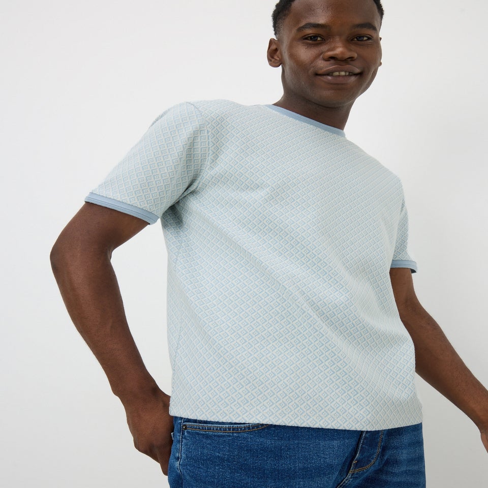 Blue Textured Jacquard Geometric T-Shirt