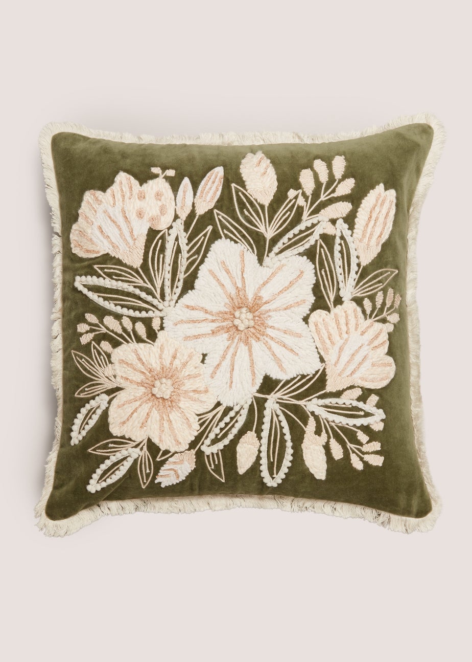 Green Floral Embellished Cushion