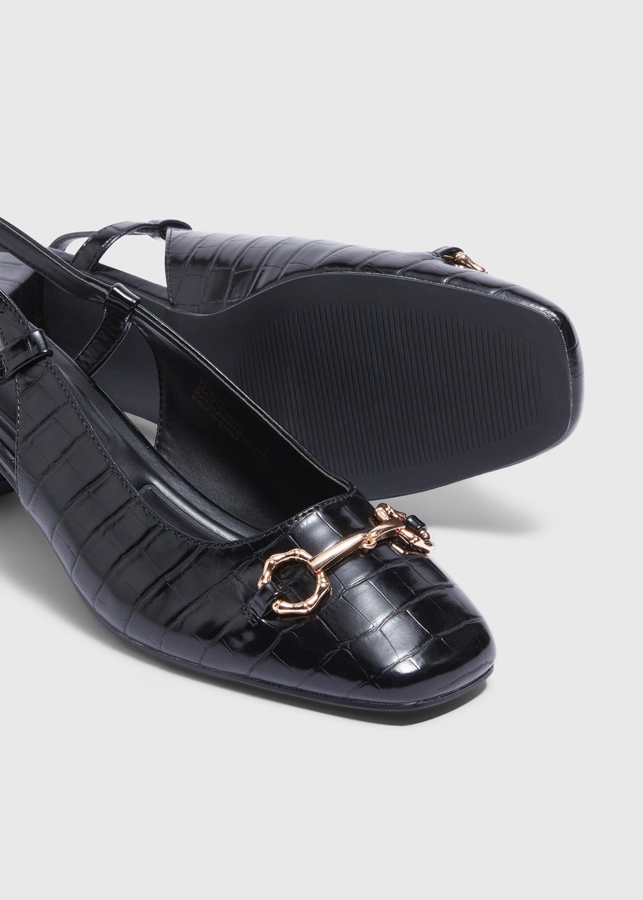 Black Croc Buckle Block Sling Back Heels
