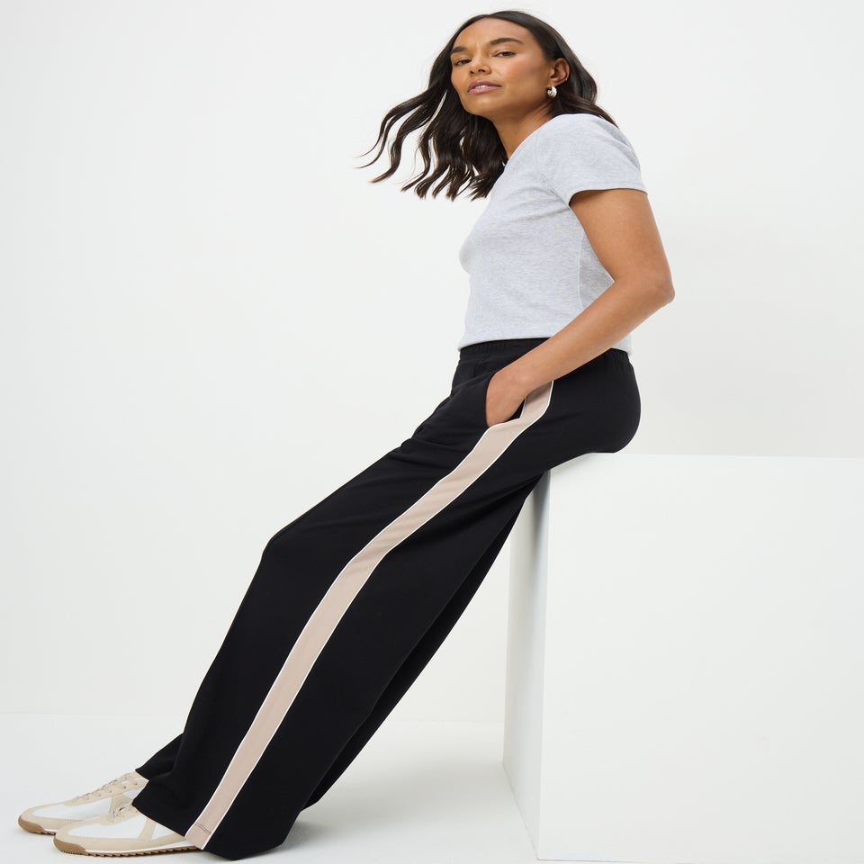 Black Wide Leg Side Stripe Trousers