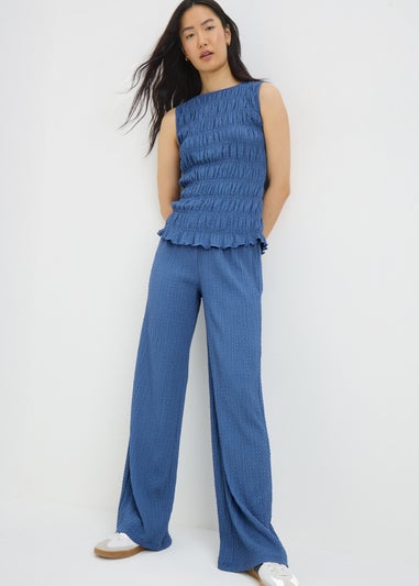 Blue Textured Wide Leg Co Ord Trousers