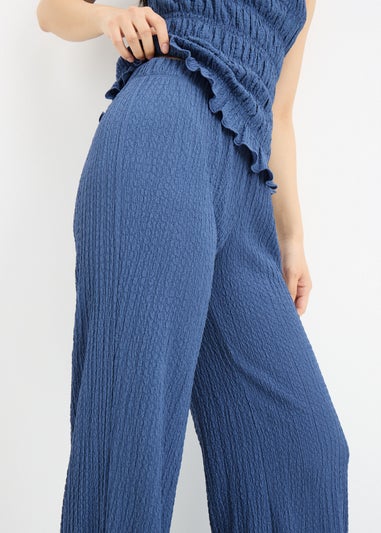 Blue Textured Wide Leg Co Ord Trousers